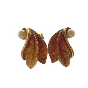 Vintage BSK Clip-on Earrings Gold Textured Double Leaf Faux Pearl Botanical